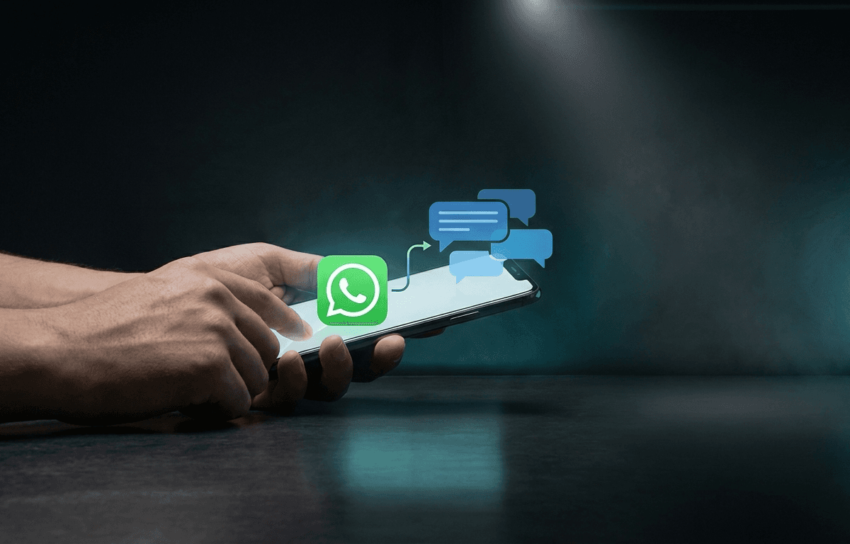 Hände halten ein Smartphone, darüber ein WhatsApp-Symbol und Sprechblasen für automatisch beantwortete Anfragen
