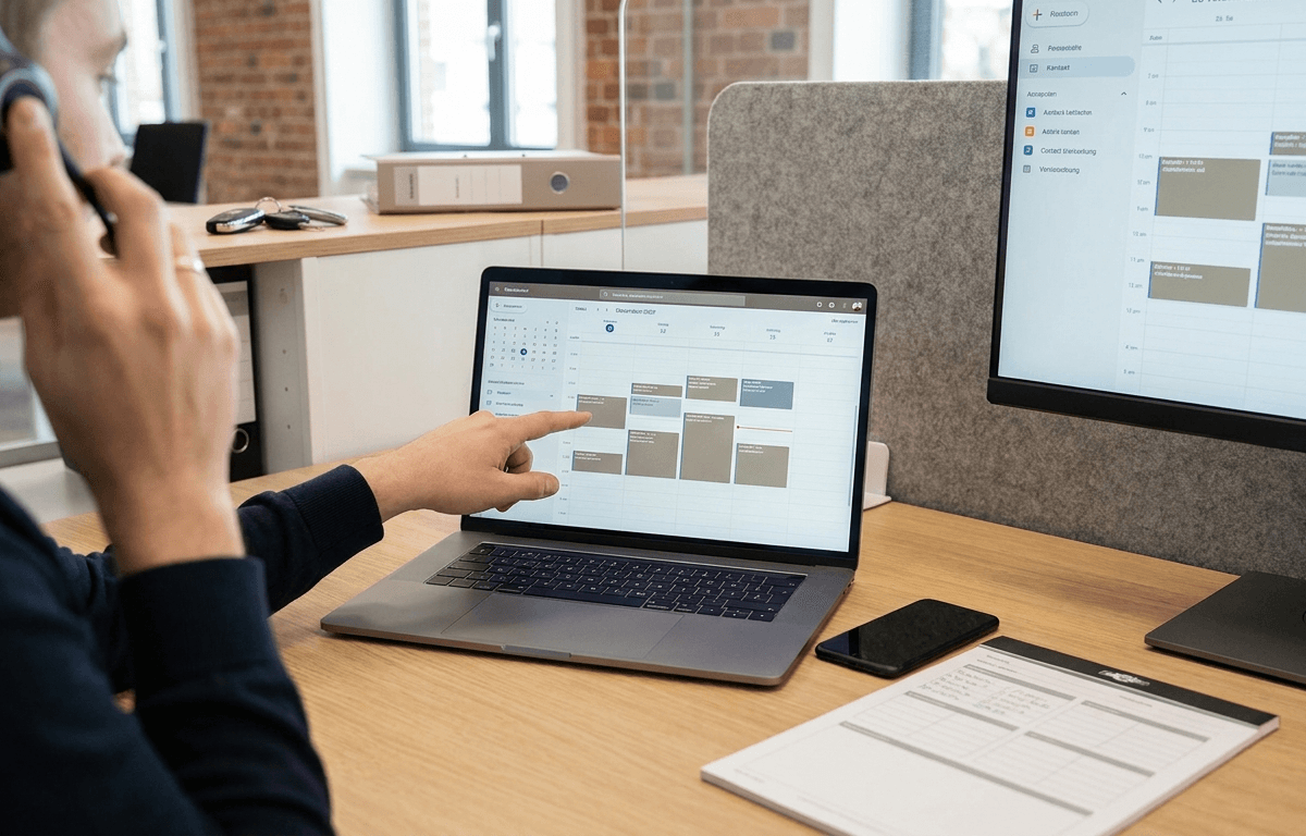 Mitarbeiter im Autohaus-Büro telefoniert und zeigt auf einen Terminkalender am Laptop, im Hintergrund Autoschlüssel
