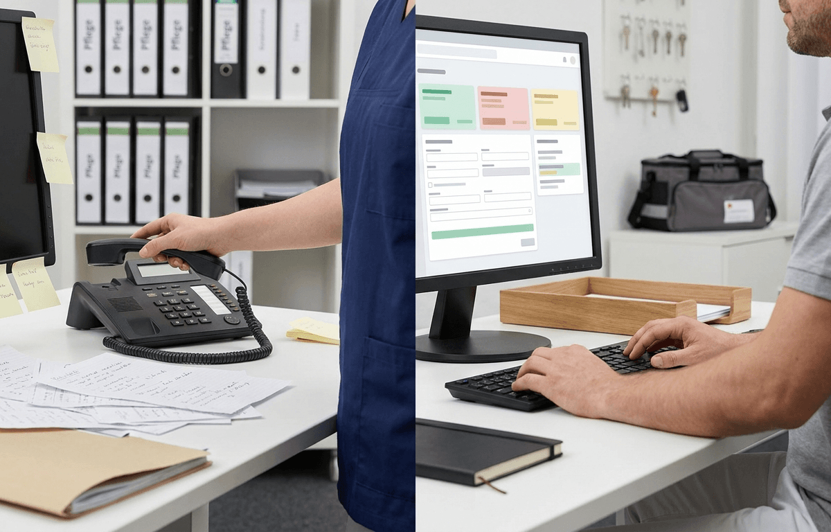 Pflegebüro: links Telefon, Notizzettel und Pflege-Ordner, rechts ein Mitarbeiter an einer geordneten Eingabemaske