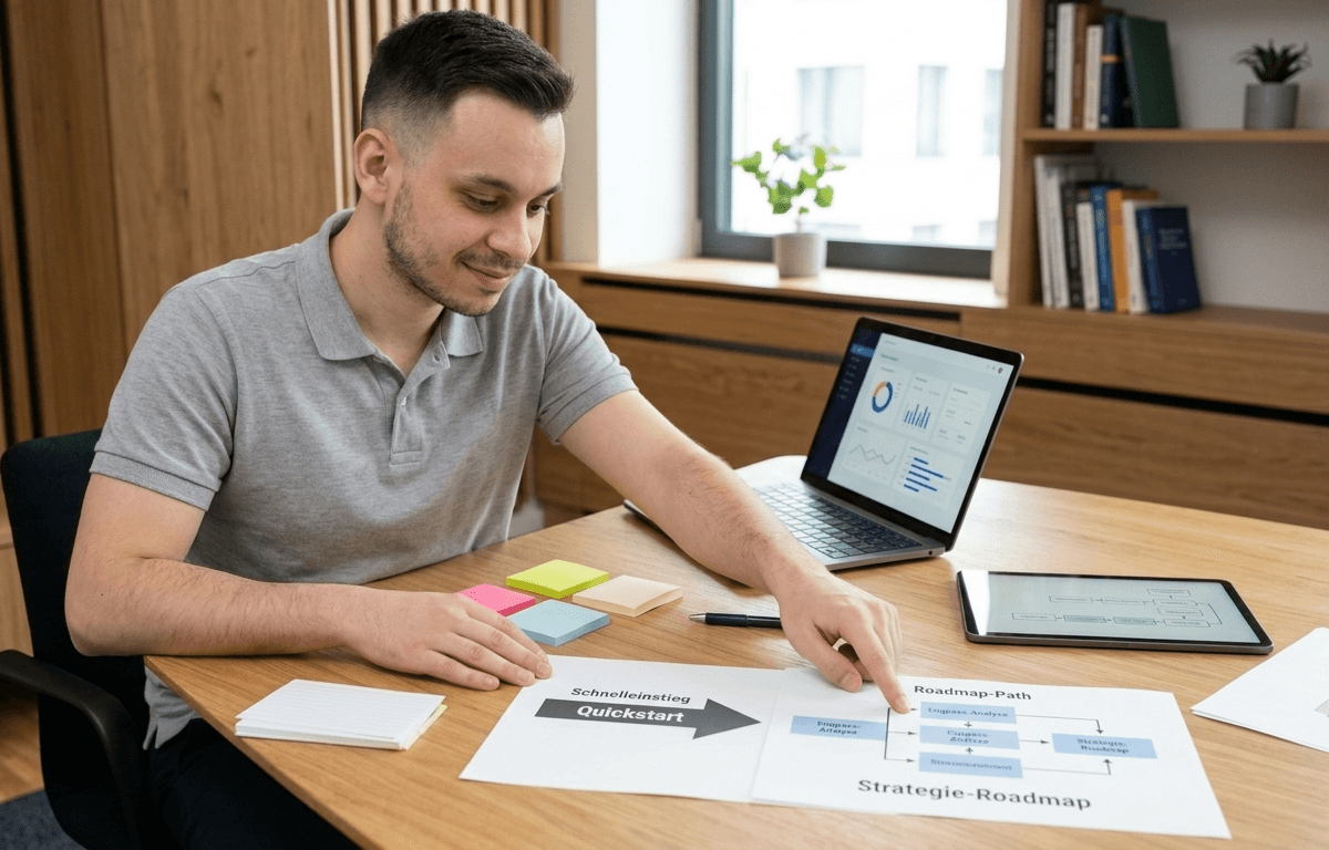 Mann am Schreibtisch vergleicht zwei Ausdrucke, einen Quickstart-Pfeil und eine Strategie-Roadmap, dahinter ein Laptop