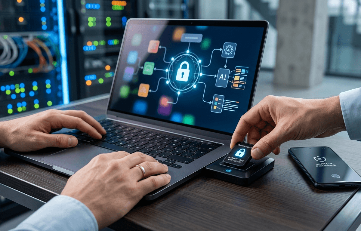 Laptop mit Schloss-Symbol und KI-Datenflüssen, daneben ein Sicherheitsschlüssel, im Hintergrund Serverschränke