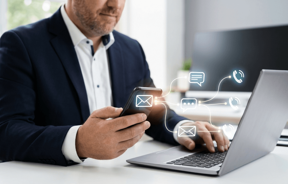 Mann im Sakko mit Smartphone und Laptop, dazwischen eingeblendete Symbole für E-Mail, Chat und Telefon