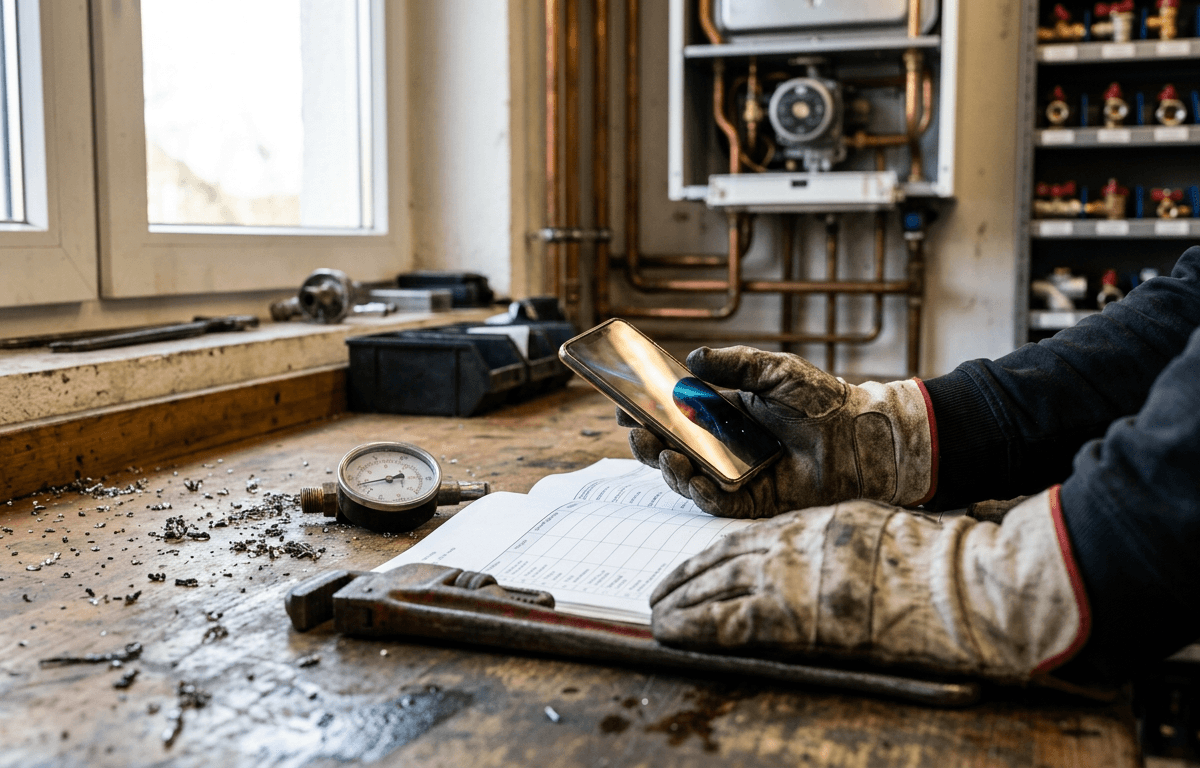 Monteur mit Arbeitshandschuhen hält im Heizungskeller ein Smartphone, davor Rohrzange, Manometer und Einsatzprotokoll